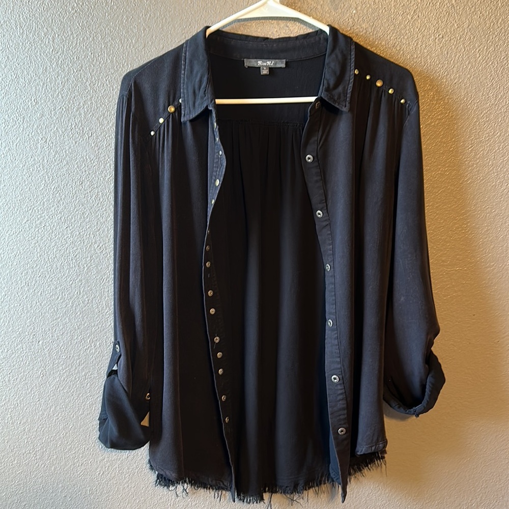Miss Me brand Size small Black Women’s shirt w emblem details. Raw hem. Like New